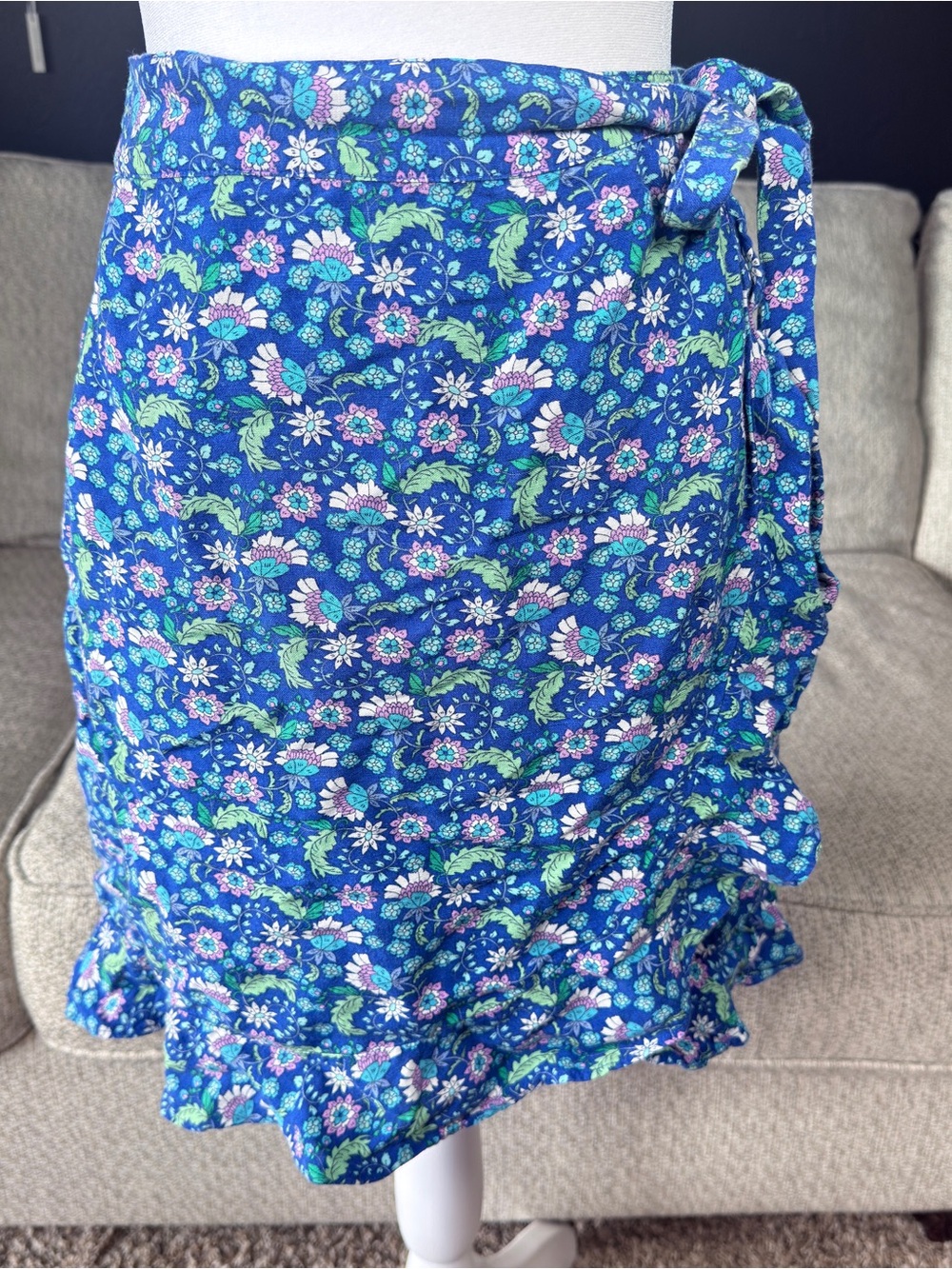LOFT Blue Floral Tie-Waist Mini Skirt with Ruffle Hem